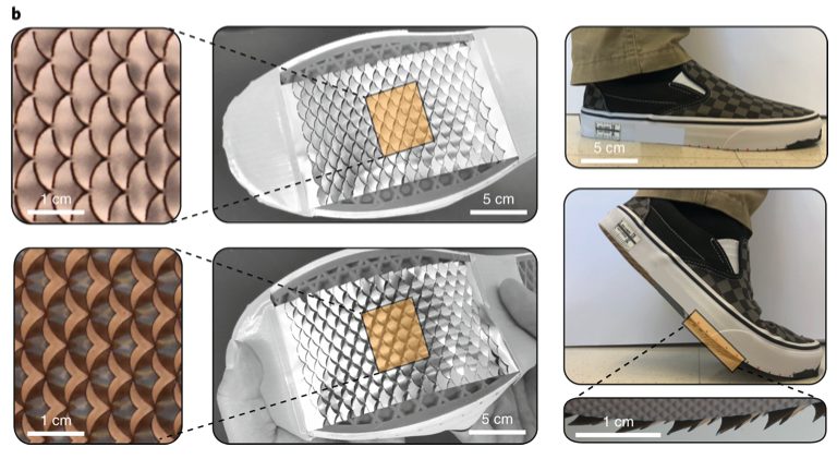 Lorsqu’elle est courbée, la semelle fait ressortir un motif en 3D qui accroît la friction avec le sol. © SEAS